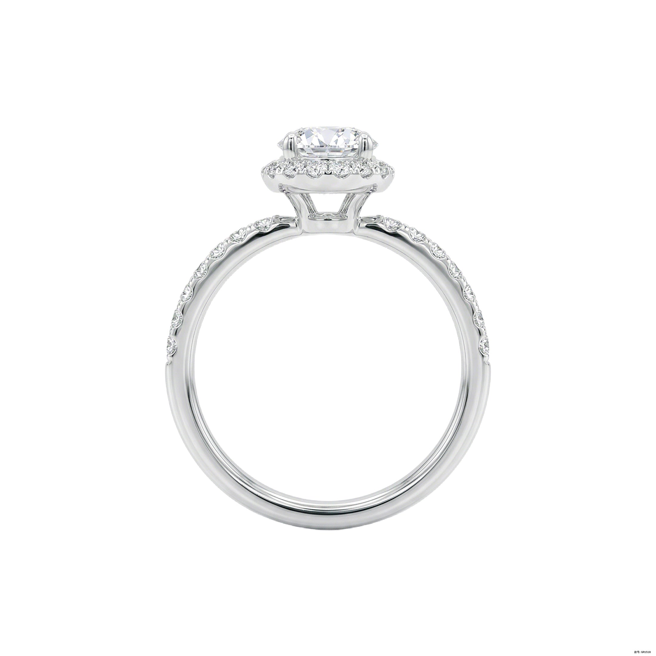 Round halo engagement ring, side profile
