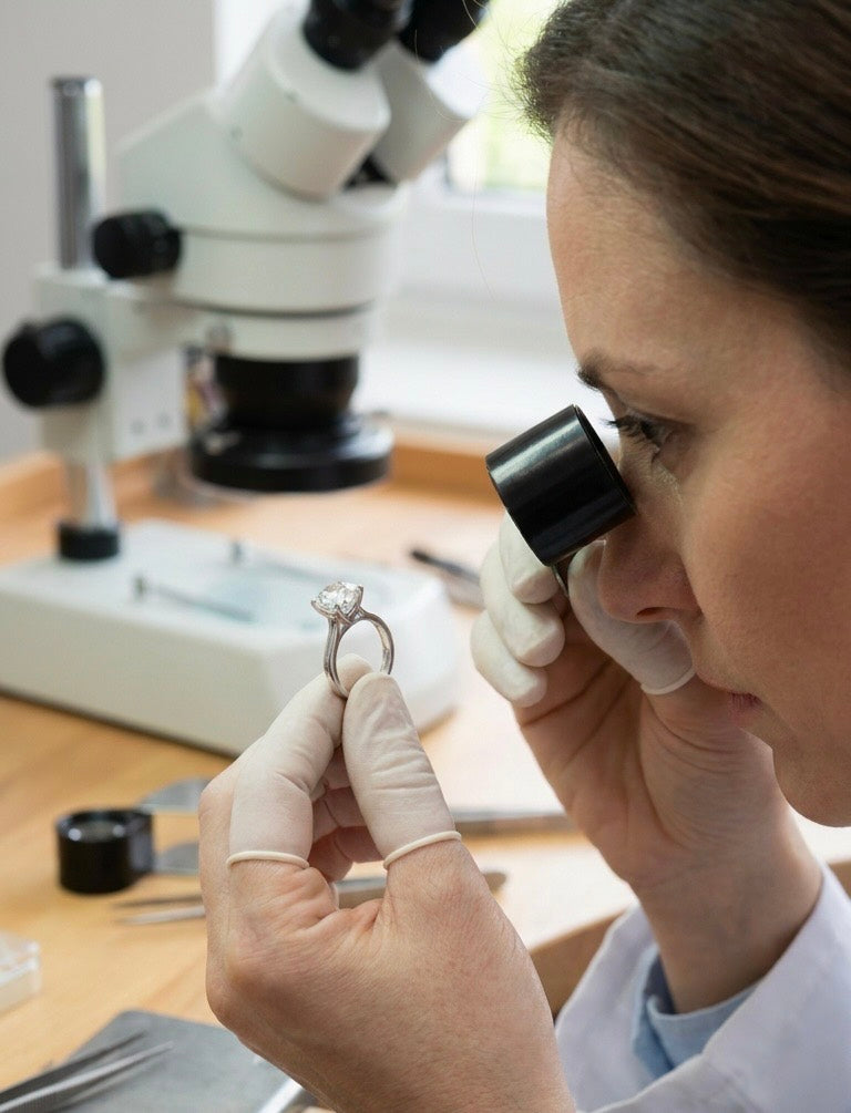 RAINA DIAMOND finished ring quality inspection under magnification